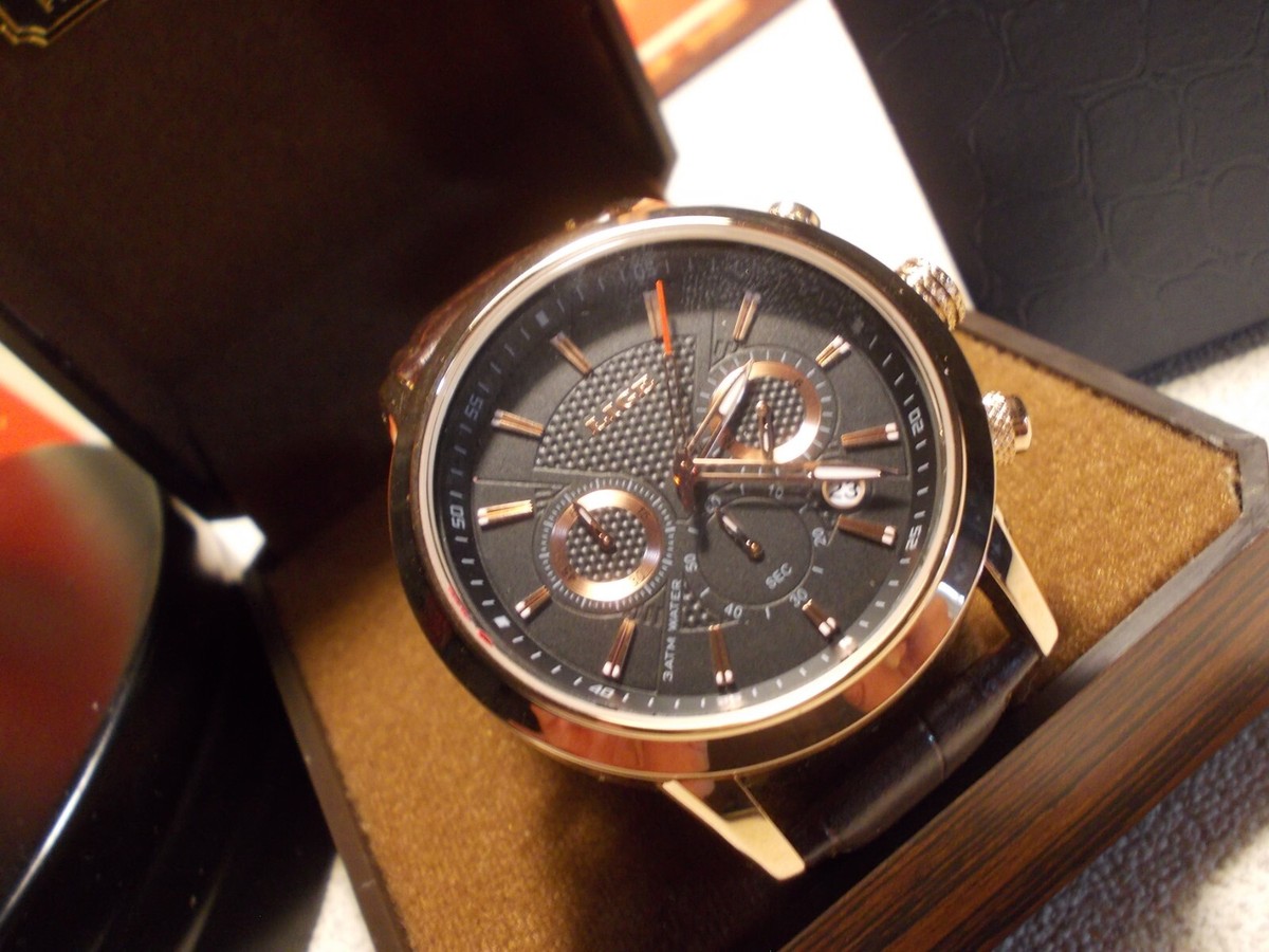 Montre Chronographe LIGE Homme 43 Mm Cadran Noir - Cuir Marron, Quartz, Neuve