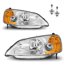 Pair Headlights Assembly For 2001-2003 Honda Civic Chrome Amber Corner W/bulbs