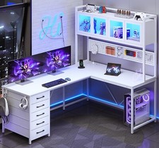 L Shaped Gaming Desk with Led Lights  Power Outlet, Home Office Desk with Hutch