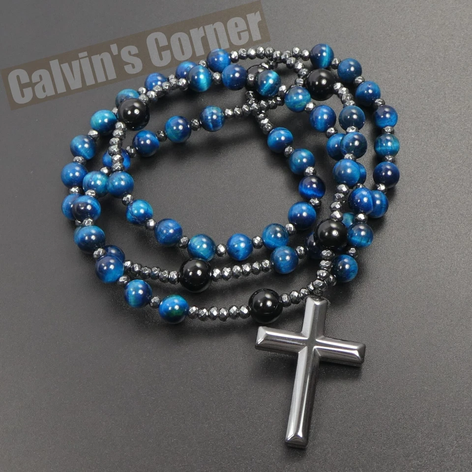 Blue Tiger Eye Black Onyx Black Hematite Cross Rosary Necklace Men Women Gift - Image 3 of 4