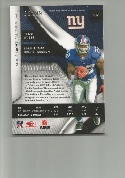 2009 PLAYOFF NATIONAL TREASURES #102 ANDRE BROWN JERSEY AUTO RC 68/99 - Image 2 of 2