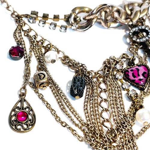 Betsey Johnson Gold Statement Necklace Rhinestones Key Pink Heart Dangle Layered - Picture 4 of 8