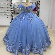 Blue Quinceanera Dresses Sweet 15 16 Puff Off Shoulder 3D Flowers Ball Gowns