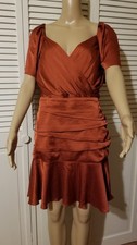 NWT Express Size 8 Satin Dress Ruched V-Neck Copper Brown-Orange Short Sleeve 