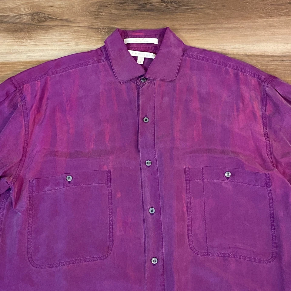 Camisa de seda vintage Perry Ellis para hombre pequeña abotonada púrpura iridiscente años 90 Foto 2 de 4