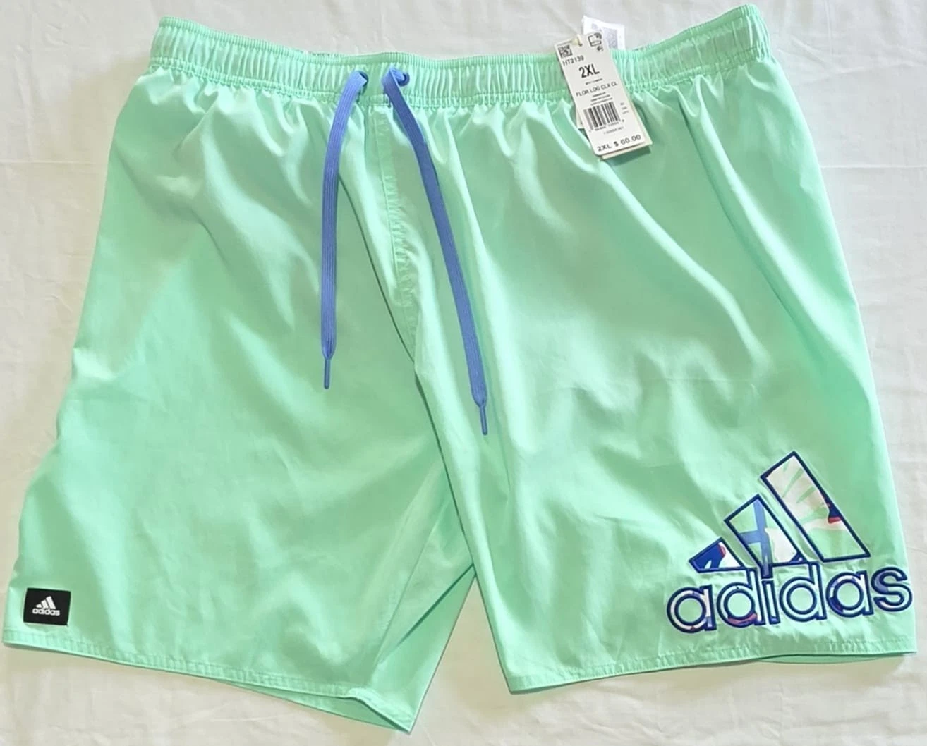 NWT $60 ADIDAS Lined Swim Trunks Mens 2XL Floral Logo / Waistband Green