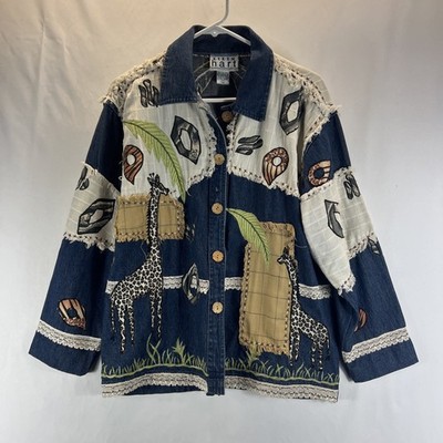 Keren Hart Vintage Multicolor Button Up Embroidered Denim Jacket Women's Size L