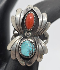 Navajo Old Vintage Turquoise Coral Sterling Silver Ring Size 7