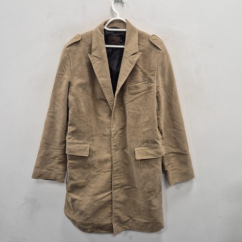 Reiss, Reiss Vintage Coat XL Beige Moleskin Cotton Military Overcoat Epaulettes Lined