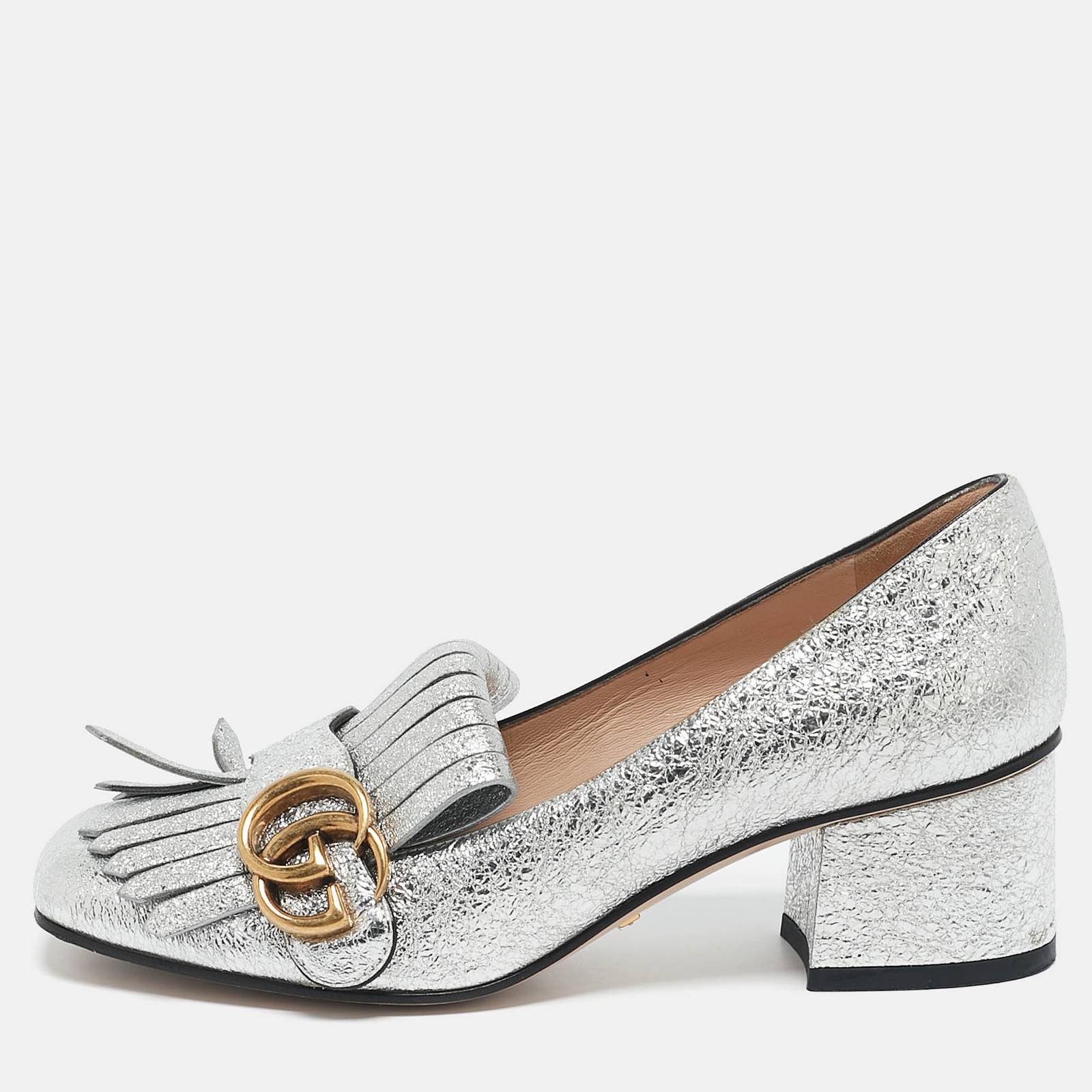 Gucci GG Marmont Silver Foil Leather Fringe Block Heel Pumps Size 35.5