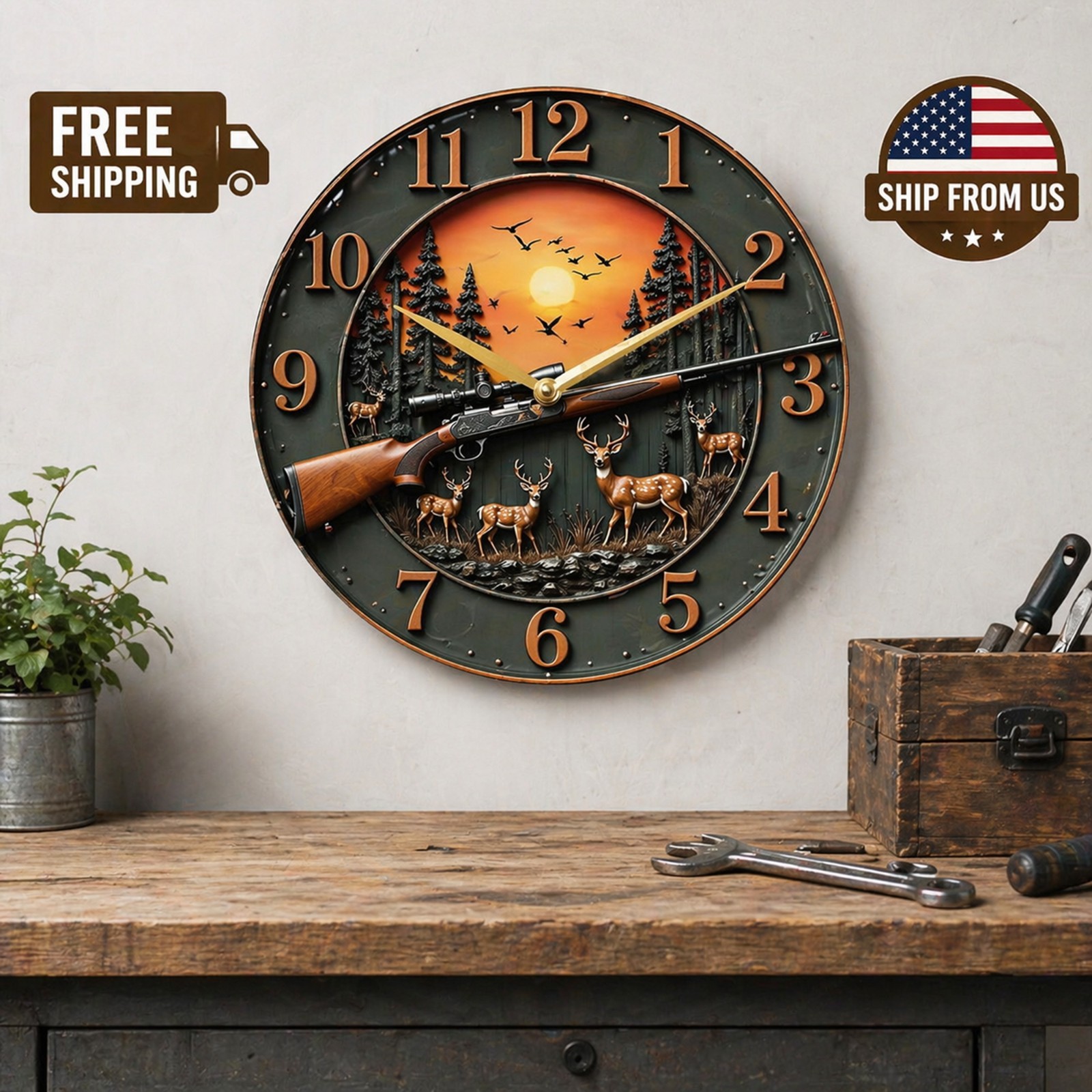 Rustic Hunting-Themed Wall Clock – Perfect for Cabin, Garage & Home Decor