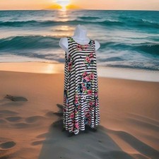 Bobbie Brooks Dress L Multicolor Floral Striped Pop Over Stretch Sleeveless Art