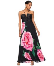 XSCAPE Women's Floral-Print Pleated Halter Gown - Black/Pink   16