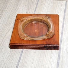 Vntg Clear Glass Ashtray With Cedar Wood Stand Holder Catch All Dish Key Jewelry