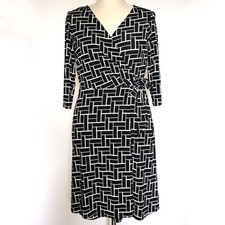 CHAPS Women Black White Geometric Faux Wrap Stretch Knit 3/4 Sleeve Dress MEDIUM