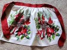 Christmas Half Apron White/Red/Green Holly Pinecone Bows Cotton Print Red Tie