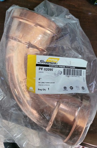 Streamline PF 02095, 4" Copper Press Fit 90° Long Turn Elbow 