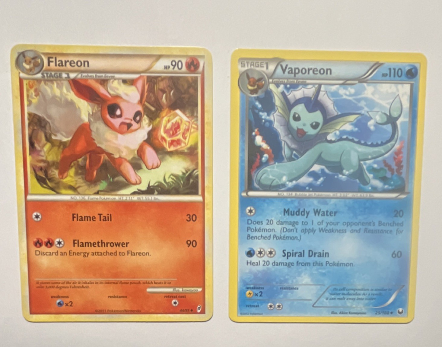 Pokémon TCG 2011 Flareon 44/95 & Vaporeon 25/108 Creature Card Lot English