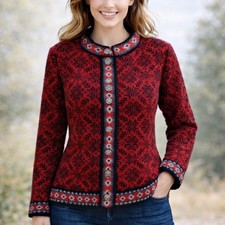 LL BEAN Fair Isle Cardigan Sweater Women M 100 Merino Lambs Wool Nordic Cabin