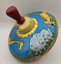 Vintage Spinning Top Metal with Wood Handle Litho Tin Zoo Animals