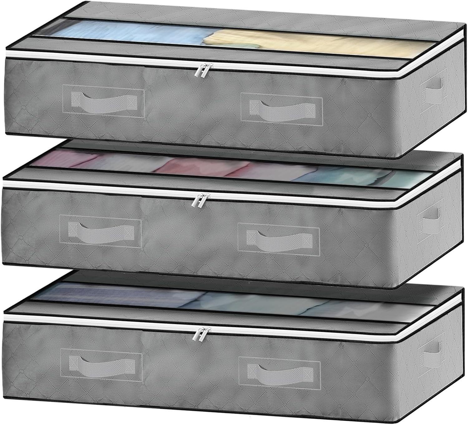 BOPEUY 6Pezzi Scatole Sotto Letto Contenitore, Pieghevole Contenitori Sottoletto, Scatole con Finestra Frontale Trasparente & Cerniera, Organizer Sottoletto, per Lenzuola,Copripiumini, Vestiti -Grigio