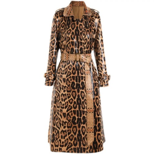 Spring Autumn Snake Print Long Trench Coat Women Sleeve Leather Jacket Dress