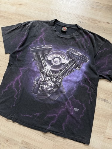 Vintage Harley Davidson 3D Emblem Purple Lighting Tee Chrome AOP Size XXL