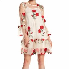 Gracia Sheer Dress Overlay Size Small Red Roses Floral Bell Sleeves Romantic Top