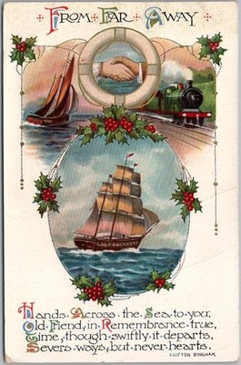 1912 Hands Across the Sea Postcard Ship & Train ''FROM FAR AWAY'' Wildt & Kray