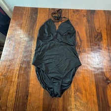 J.Crew Womens Black Scalloped Halter V-Neck One-Piece Swimsuit Large L