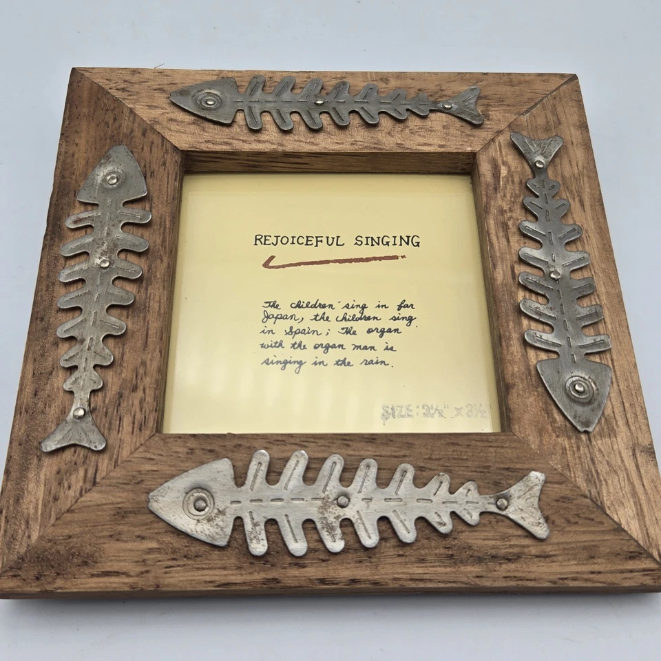 Rustic Wood & Metal Square 3.5" Picture Frame Fishbone Detail Freestanding Cabin - Image 2 of 4