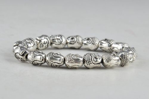 Tibet Silver Buddha Heard Chinese Old Handwork Amulet Elastic Bracelet - Picture 2 of 4