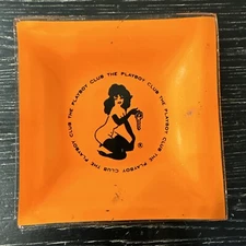 1960's The Playboy Club Orange Glass Ashtray, 4" Square, Preowned VG Condition