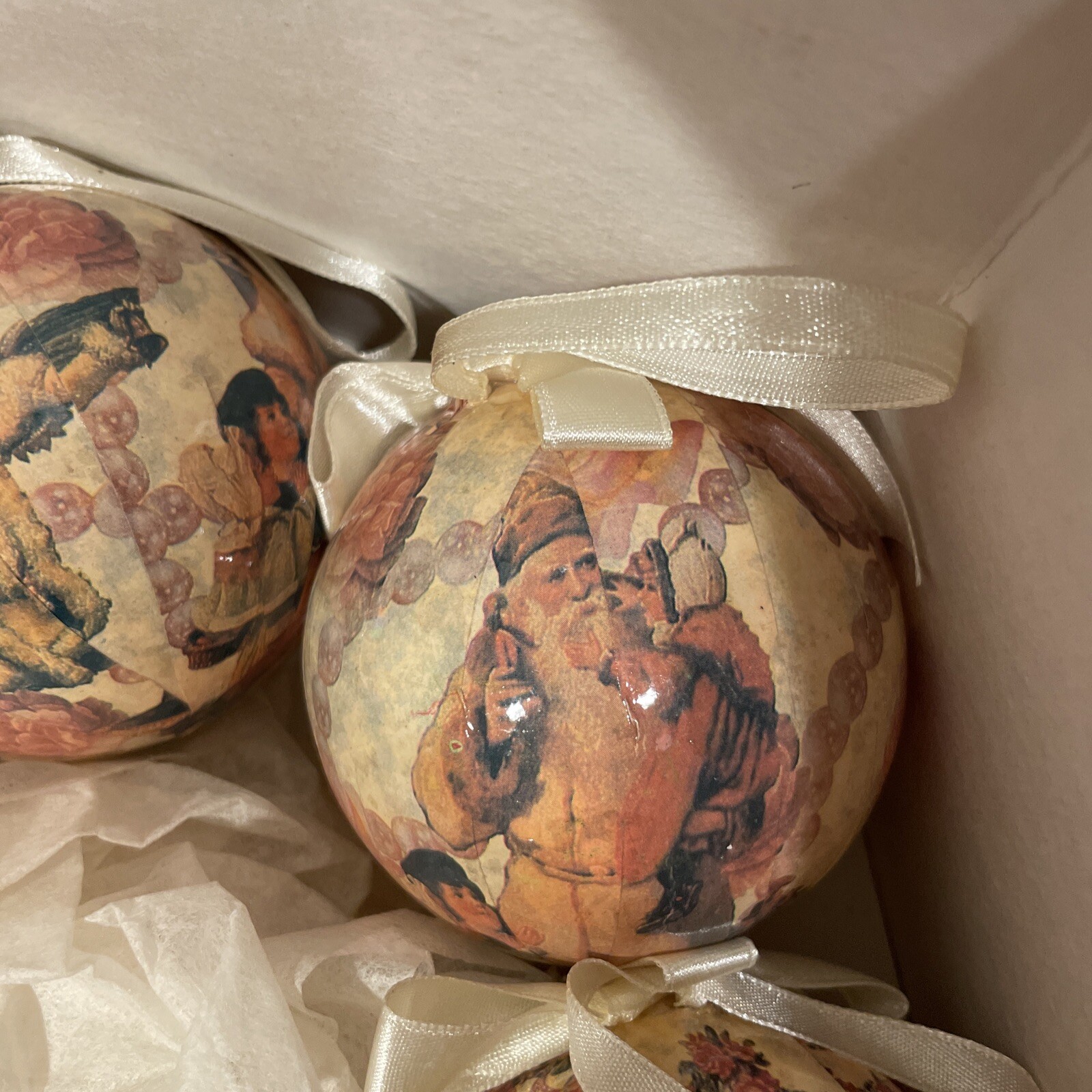 Vtg 1995 C&F Christmas Victorian Decoupage 12 Ball Ornaments Angels Santa Roses