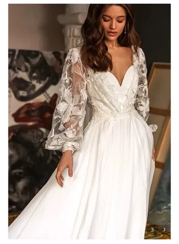 Simple A Line Chiffon Wedding Dress With Puff Sleeve And Sweetheart Neckline NEW