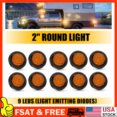 5pcs 2'' Inch DOT Amber Round Trailer 9 LED Marker Lights w/ Grommet for Truck RV