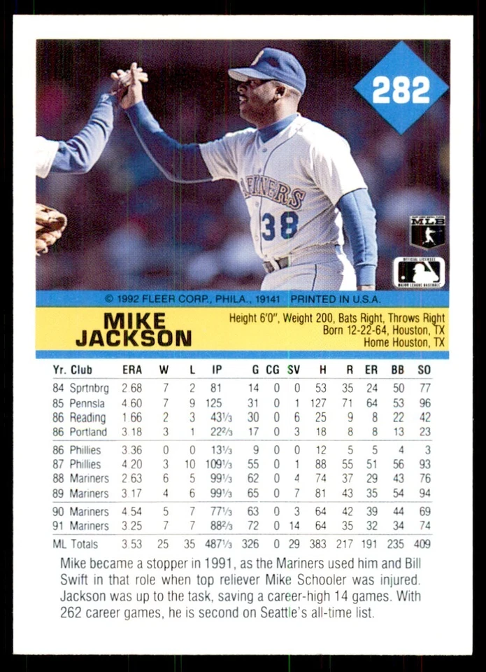 1992 Fleer Mike Jackson Baseball Cards #282 - Image 2 of 2