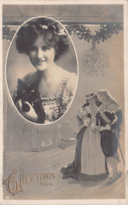 POSTKARTE - EDWARDIANISCHE SCHAUSPIELERIN - MISS NINA SEVENING - RAPID - GRUSS - SCHWARZE KATZE