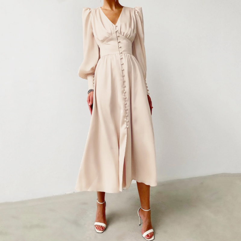 Women Satin Long Dress V-neck Button Lantern Sleeve Party Elegant Retro  Autumn | eBay