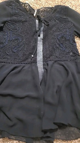Free People Black Sz. S Golden Moments Sheer Beaded Metallic Lace Crochet Top - Picture 5 of 12