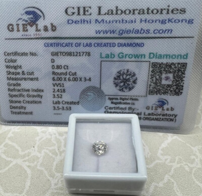 [LC-75]  Certified Rnd Lab Created CVD Diamond 0.75ct D VVS-1 BN Retail 750.00