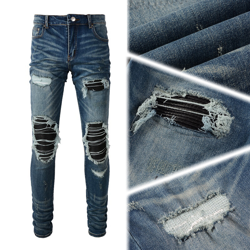 Men&rsquo;s Slim Stretch Jeans, Ripped Knee, PU Pleat Patch, Distressed, Retro Denim
