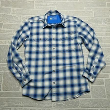 Eddie Bauer Travex Shirt Size M Blue Light Gray Tartan Plaid Button Up Polyester