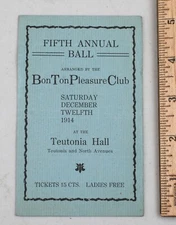 1914 Bon Ton Pleasure Club Fifth Annual Ball Flyer @ Teutonia Hall Milwaukee 