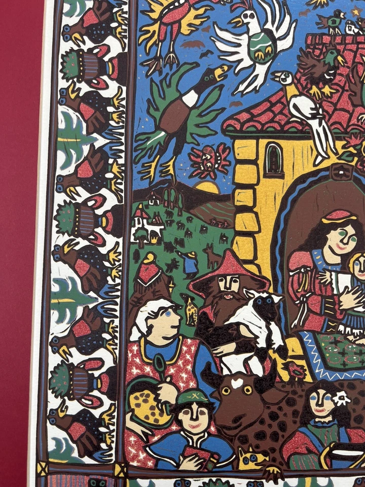 Mary Hamilton Linocut Print The New Day 20x16” Birds People Farm Animals Signed - Image 4 of 4