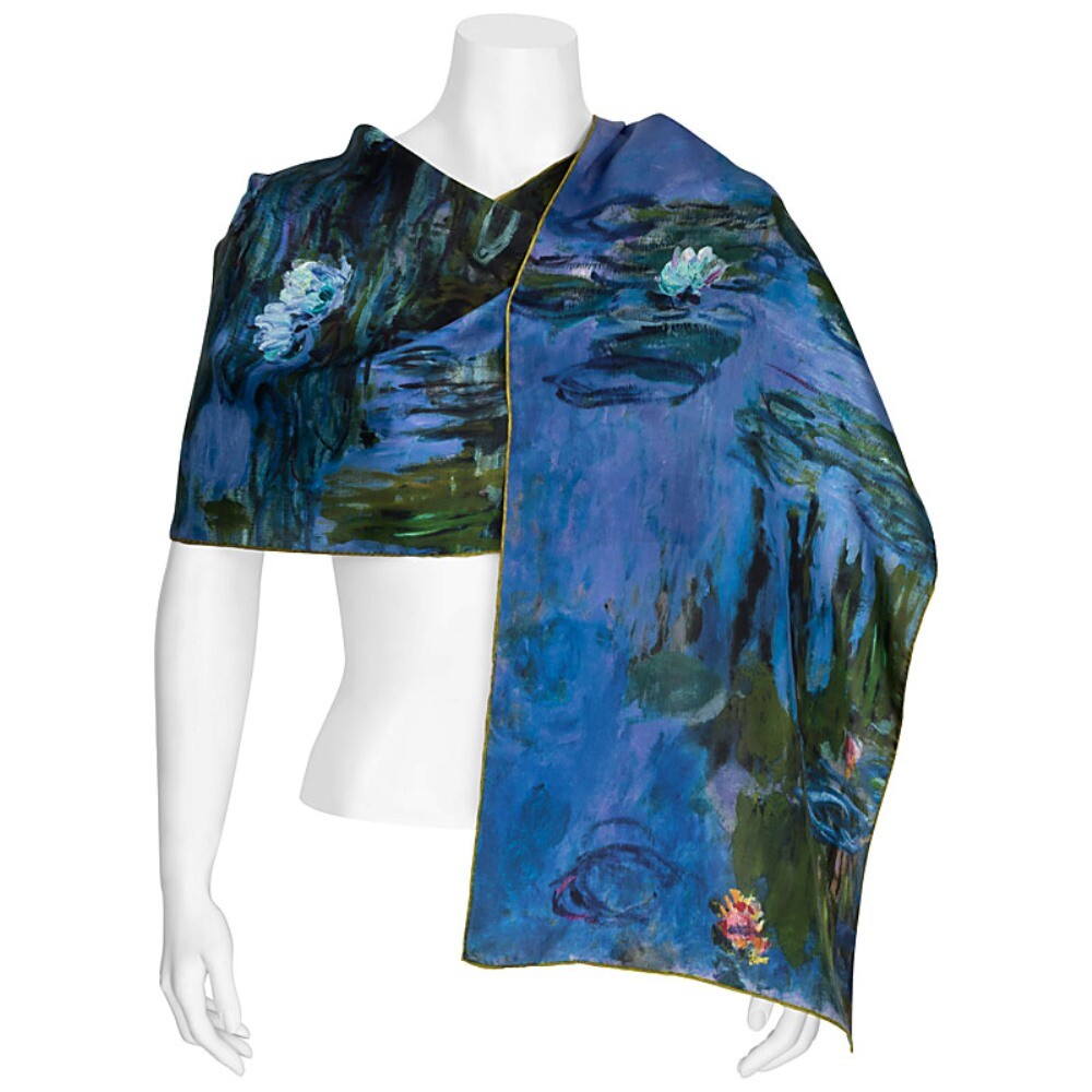 Seiden-Tuch 100% Seta Sciarpa di Foulard Ninfee Fiori Blu Verde