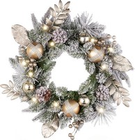 Weihnachtskranz 46Cm Weiß Gold Mit 20 Beleuchtung Tannenzapfen Kugeln Deko