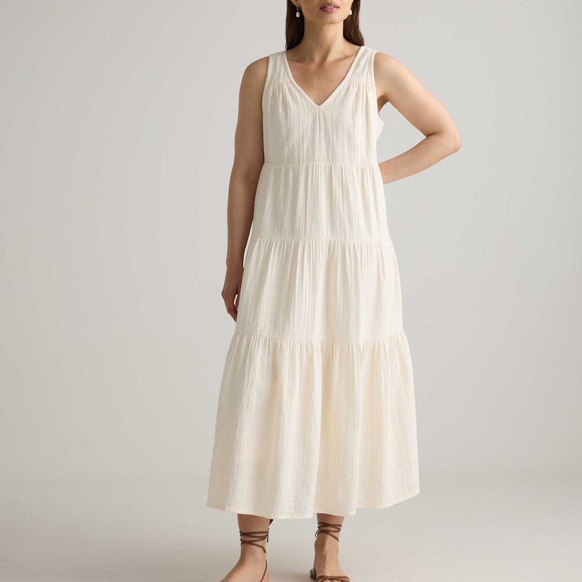 Quince Women's Size M Organic Cotton Gauze Tiered Vintage Cream Maxi Dress NEW