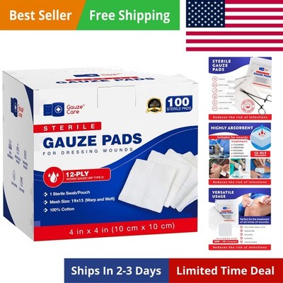 100pc Large Sterile Gauze Pads 4x4 Sterile for Wounds Bulk - 12ply Woven Gauz...
