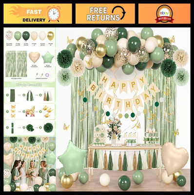Sage Green Birthday Party Decorations - Confetti Balloons, Banner, Swirls & Tass